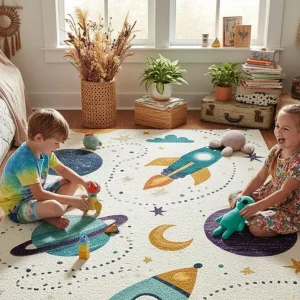 Space-Themed Carpet, Non-Slip Backing.